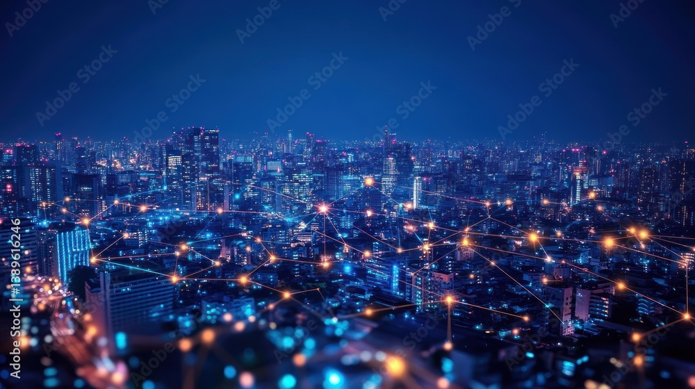 Obraz premium Networked Metropolis: Illuminated Cityscape with Digital Connectivity Overlay