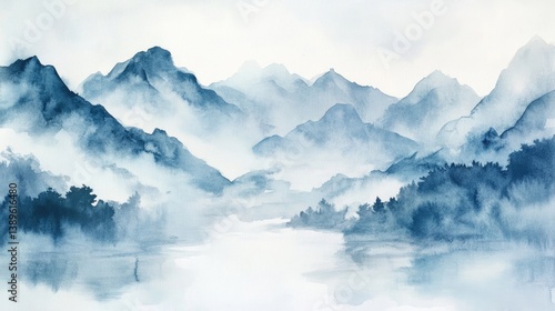 Wallpaper Mural Watercolor landscape with mountains and fog Torontodigital.ca