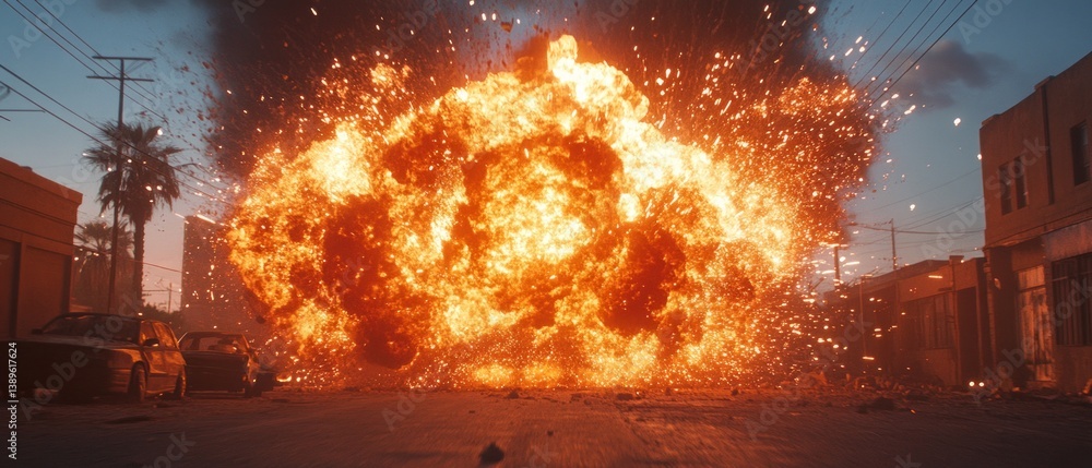 Dramatic Urban Explosion with Fiery Fireball in City Environment
