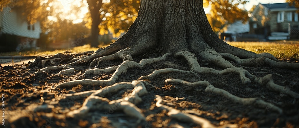 Exposed Tree Roots and Damaged Ground in a Suburban Yard