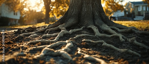 Exposed Tree Roots and Damaged Ground in a Suburban Yard