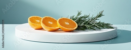 Fresh orange slices paired with rosemary create a modern and elegant presentation on a round pedestal, highlighted by studio lighting