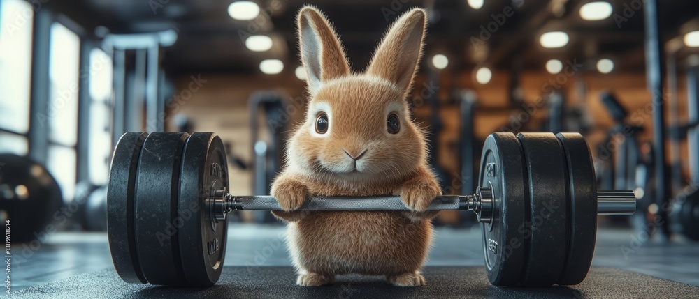Funny Anthropomorphic Brown Rabbit Lifting Weights in Modern Gym