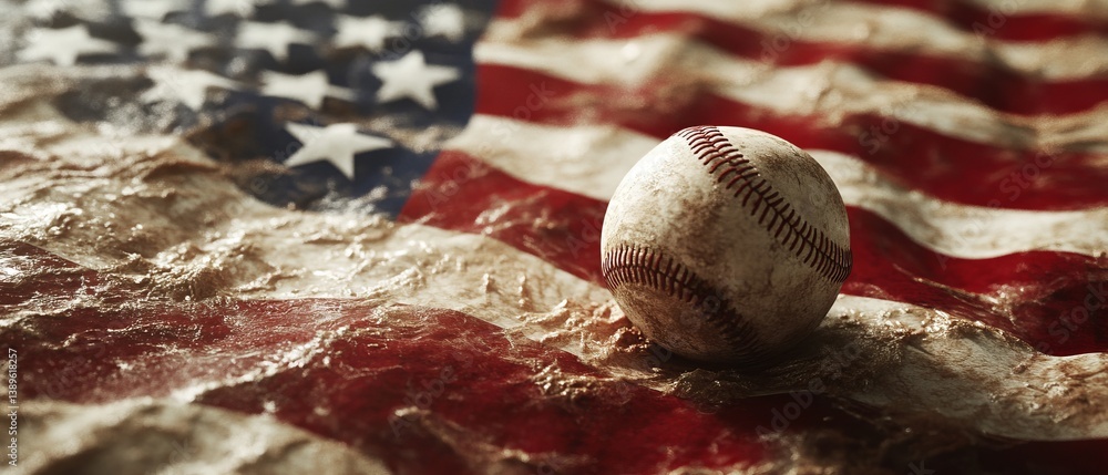 Macro Close-up: Baseball on Undulating American Flag