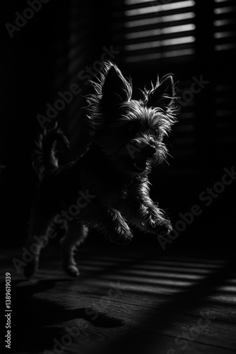 Small Dog Jumping in Silhouette During Evening Light Near Window