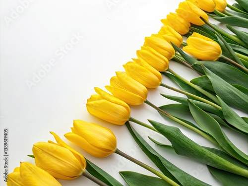 Sunny yellow tulips burst across a spring floral flat lay, creating a vibrant background.