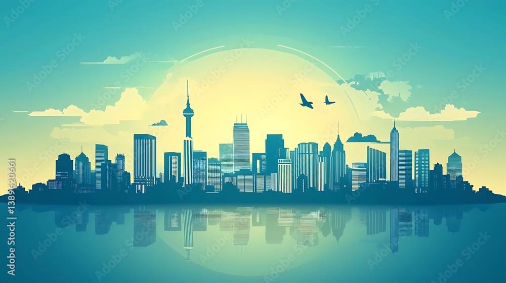 Fototapeta premium City skyline at sunrise reflected in water.