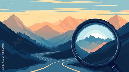 Magnifying glass over scenic mountain road at sunset.