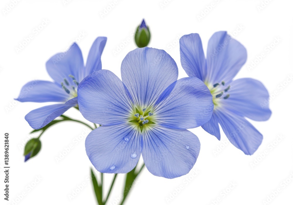 Obraz premium Macro photography of delicate blue flax flowers with soft petals and dewdrops on white background