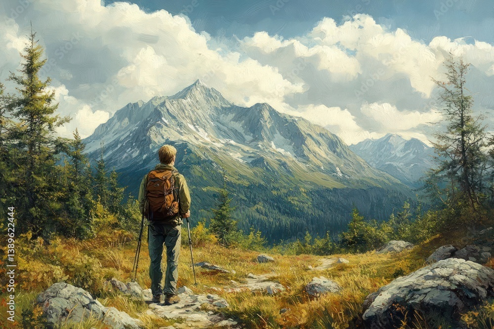 Hiker on mountain trail, scenic view Hiker on mountain trail, scenic view