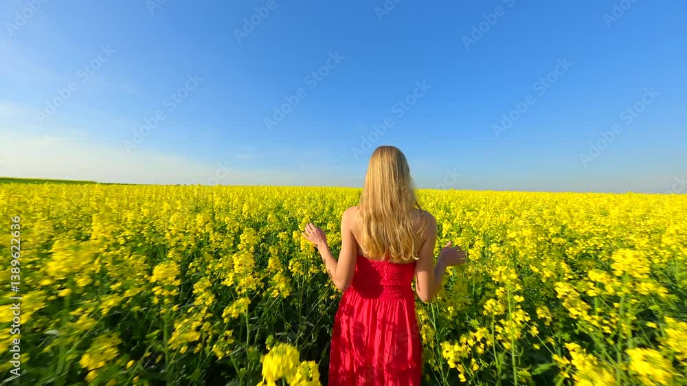 FPV drone shot of woman in red dress walking through blooming yellow rapeseed field on sunny day. Scenic countryside landscape, flowers, and blue sky. FPV drone shot of woman in red dress walking through blooming yellow rapeseed field on sunny day. Scenic countryside landscape, flowers, and blue sky.