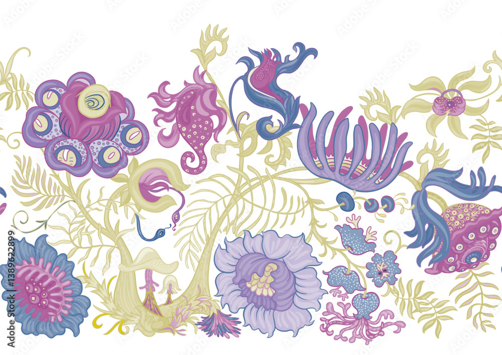 Fototapeta premium Fantasy, alien hypnotic flowers, decorative flowers and leaves. Cartoon style. Millefleurs trendy floral design. Seamless pattern, background. Outline hand drawing vector illustration.