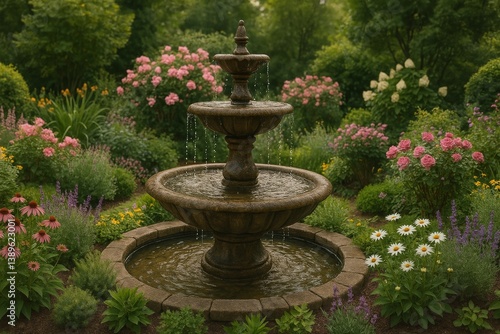 Beautiful Garden With a Stone Fountain Surrounded by Colorful Flowers in a Se...
