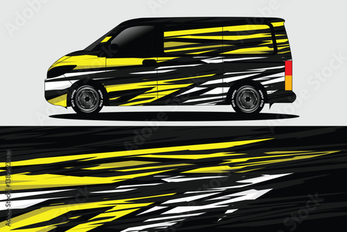 Dynamic graphic design of a van showcasing bold yellow and black stripes against a grey backdrop