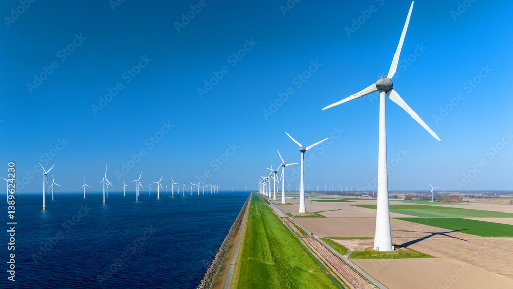 Obraz premium Vast offshore windmill park in the Netherlands showcasing numerous wind turbines along the coastline. The clear blue sky complements the sustainable energy landscape, highlighting renewable resources.