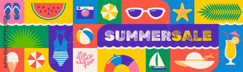 Colorful summer vacation and travel illustration, Multicolored summer time concept design for greeting card, poster, banner, sale, promotion. Vector illustration.