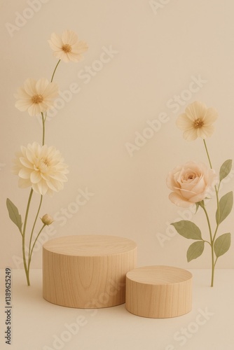Decorative Wooden Pedestals With Pastel Flowers in Minimalist Interior Setting