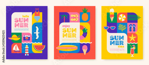 Set of colorful summer vacation and travel cards, Multicolored summer time concept design for greeting card, poster, banner. Vector illustration.