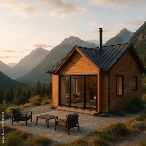Cozy Mountain Cabin at Sunset Surrounded by Serene Natural Landscape With Maj...
