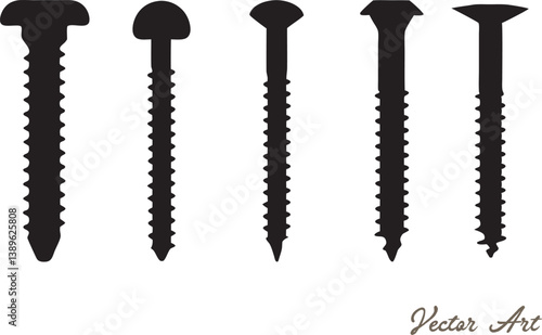 Black color various screws vector silhouette, various screws line art vector illustration set