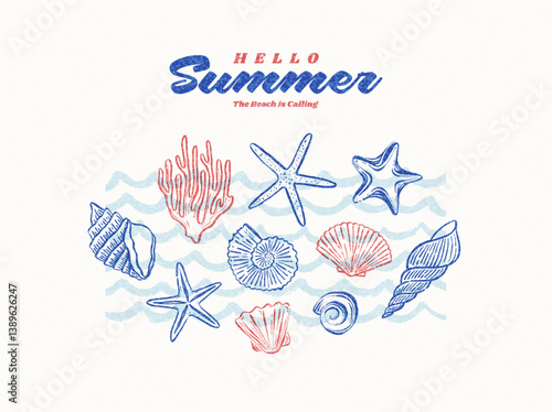 Hand drawn sea and ocean illustartion with seashell, coral and starfish. Minimalist summer beach vacation vector design.
