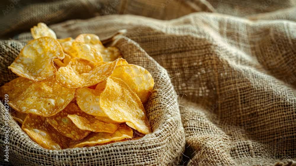 chips on burlap background. selective focus
