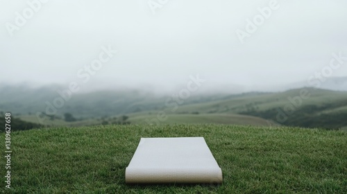 Serene landscape features mattress on lush grass, surrounded by
