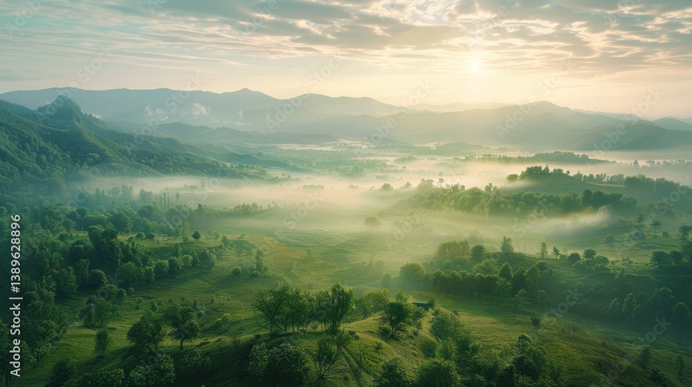 Naklejka premium A beautiful, misty landscape with a sun rising in the background