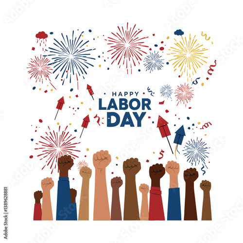 Happy labor day celebration with raised fists and fireworks vector illustration