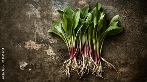 Macro image of fresh young ramps, wild foraged green, arranged on stone background with roots visible