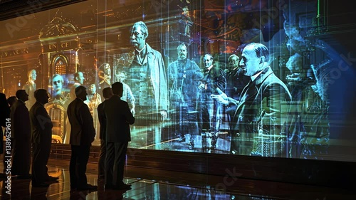 Holographic projection of historical figures engaging in conversation with contemporary audiences, blurring timelines to challenge linear views of history