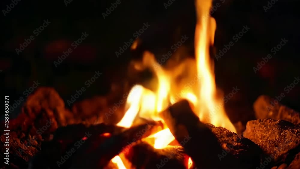 Glowing flames rising from a small campfire at night, surrounded by stones. Glowing flames rising from a small campfire at night, surrounded by stones.