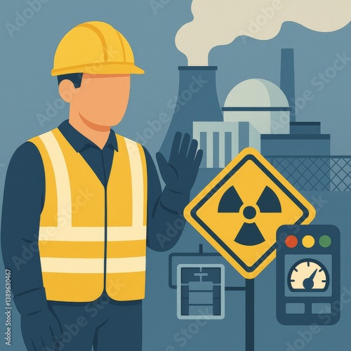 Worker in Safety Gear Waving at Nuclear Power Plant in Industrial Environment