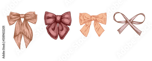 Vintage bow hand drawn colored sketch set in engraved style