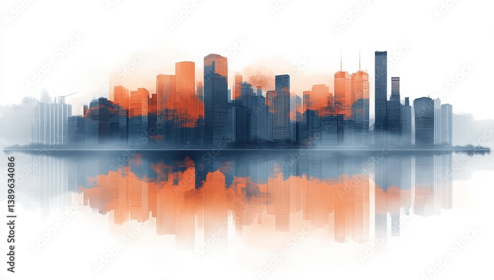 Obraz premium A city skyline with orange and blue buildings reflected in the water