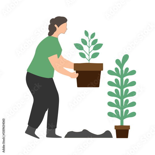 A girl is taking care of the plants in her home garden.
