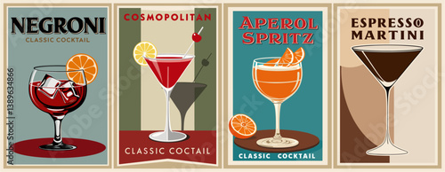 Cocktails retro poster set. Negroni, Cosmopolitan, Espresso Martini. Collection of popular alcohol drinks. Vintage style flat vector illustrations for bar, pub, restaurant, kitchen wall art print.