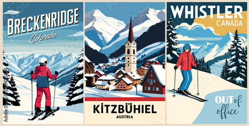 Set of ski travel posters in retro style. Snowy mountains landscape prints. Vector art illustrations