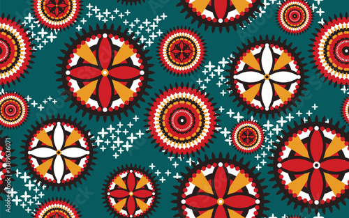 African ethnic traditional native pattern. Seamless pattern beautiful Kitenge, chitenge, dutch wax, and Ankara style. Design for carpet, wallpaper, clothing, wrapping, fabric, cover, dress. Vector