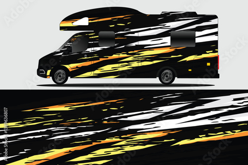 Sleek and modern RV design featuring bold black, white, and yellow stripes on a gray background