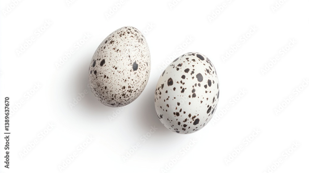 Two speckled eggs, overhead view on white background. Possible use food photography, cooking blog Two speckled eggs, overhead view on white background. Possible use food photography, cooking blog
