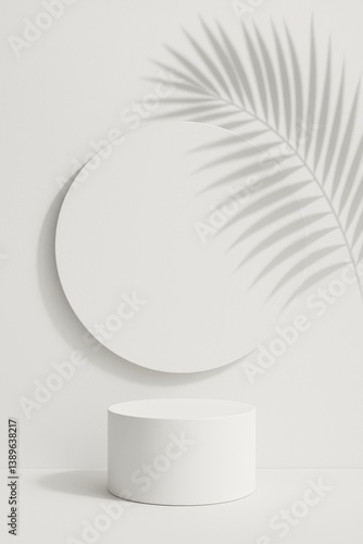 Minimalist Display With Circular Mirror and Palm Leaf Shadow on a White Backg...