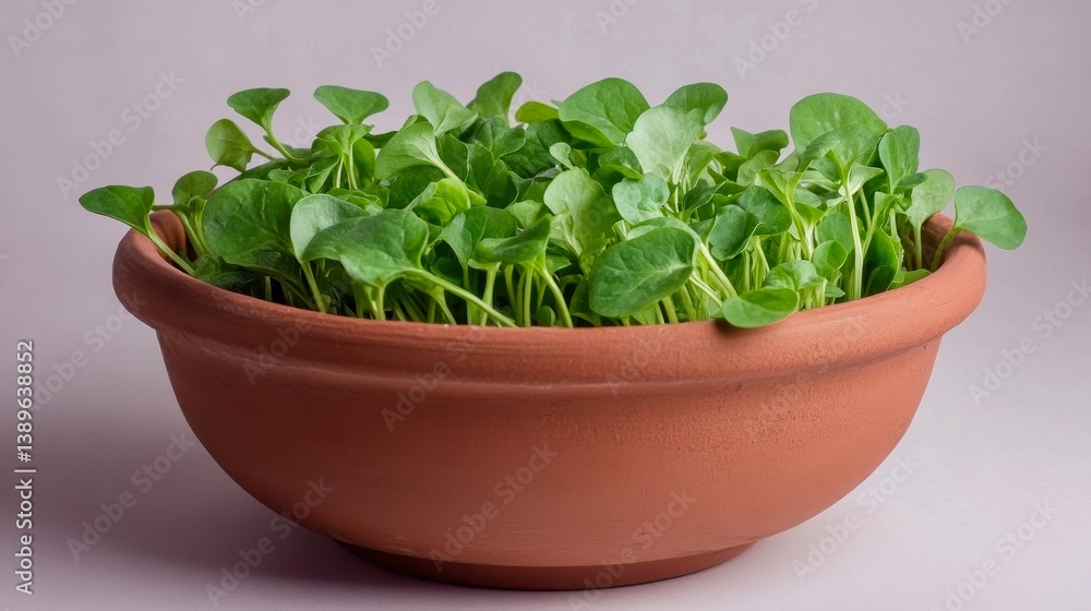 Realistic image of clay bowl filled with fresh water spinach, rare asian leafy vegetable, clean rustic styling Realistic image of clay bowl filled with fresh water spinach, rare asian leafy vegetable, clean rustic styling