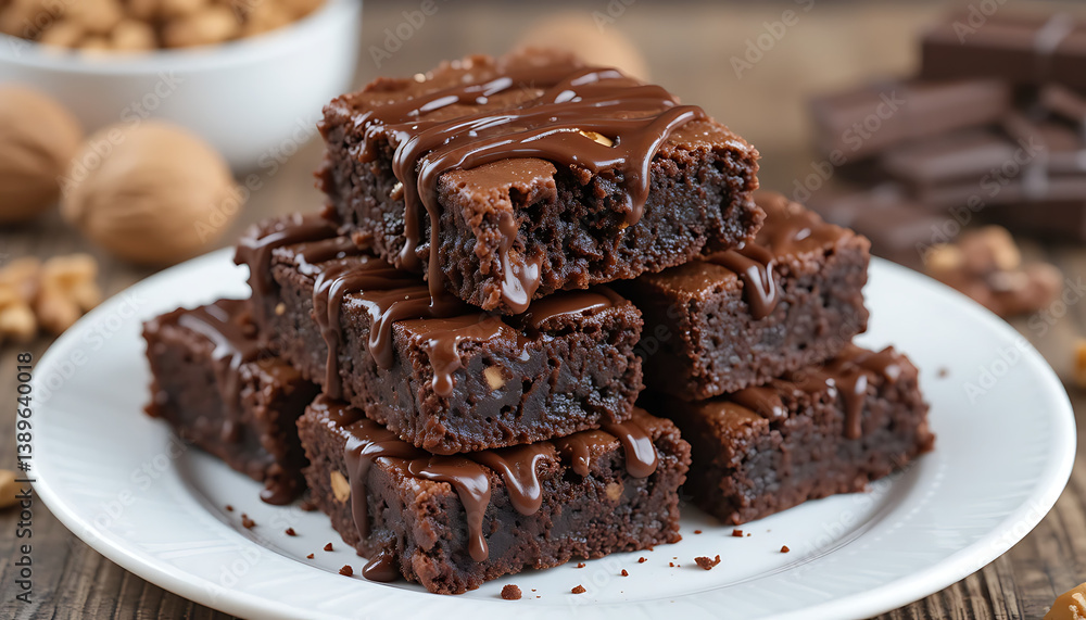 Rich and Fudgy Chocolate Brownies with Walnuts, Topped with a Decadent Chocolate Drizzle on a White Plate Rich and Fudgy Chocolate Brownies with Walnuts, Topped with a Decadent Chocolate Drizzle on a White Plate