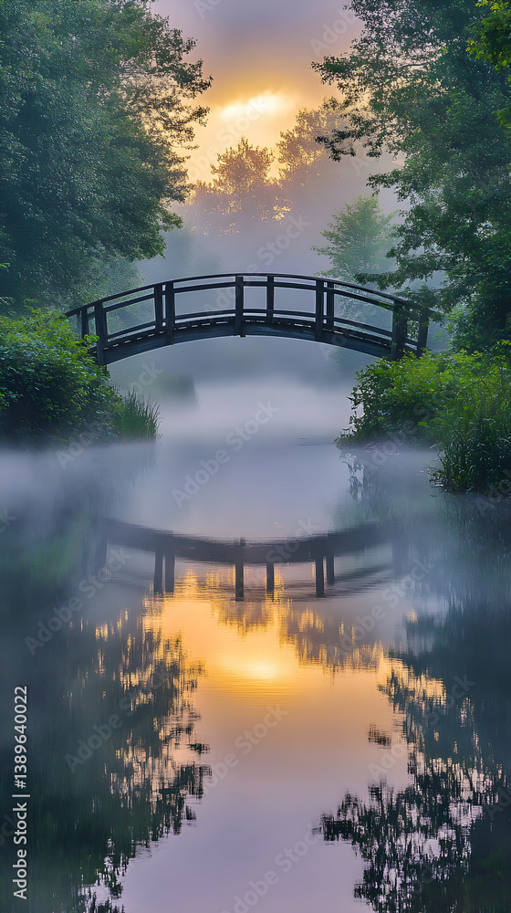 Fototapeta premium Bridging Life's Journey: A Tranquil Pathway Unveiling New Horizons Through Mist and Reflection