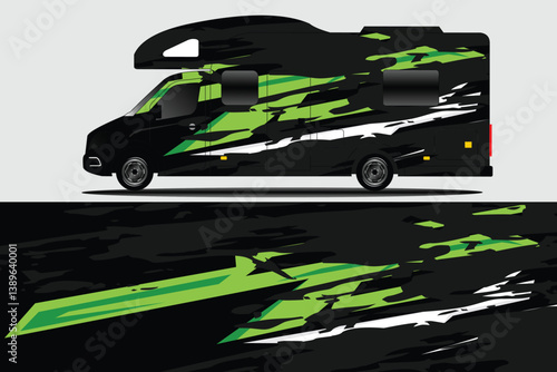 Sleek black and green camper van design showcasing dynamic graphics, ideal for adventure travel