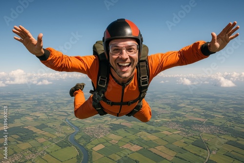 Skydiving Adventure Over Scenic Landscape With Smiling Skydiver in Orange Jum...