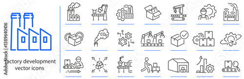 factory development icons, industry building and production elements, icon set, modern industry simple symbols, linear vector illustration, outline editable stroke