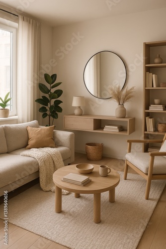 Cozy and Minimal Living Room Featuring Beige Tones and Natural Materials in a...