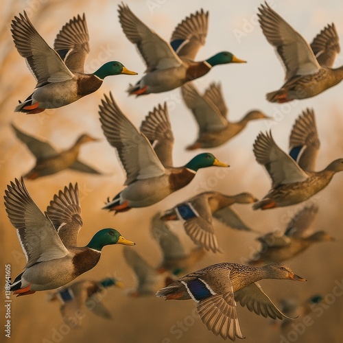 Flock of Ducks Flying Through Golden Sunset in Tranquil Wetlands